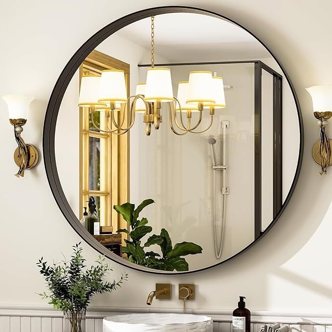 Easly 32 Inch Round Bathroom Mirror - Wall Mounted Circle Mirror with Metal Frame, Modern Mirror Suitable for Bathroom, Vanity, Entryway, Living Room, Wall Decor,Black